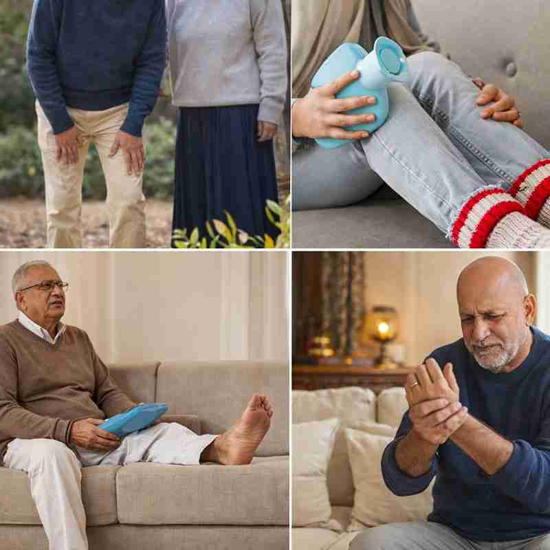 Older adults experiencing knee, wrist, and leg joint pain during winter with hot water bag relief