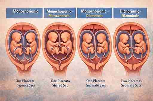 Illustration showing different types of twin pregnancies: monochorionic, monoamniotic, dichorionic, and diamniotic with corresponding placenta and sac setups.
