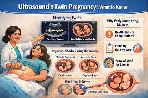 Infographic on ultrasound and twin pregnancy, covering twin identification, placenta placement, amniotic sacs, blood flow, and why early monitoring matters.