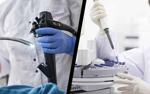 A medical professional using an endoscope on the left and conducting laboratory analysis with a pipette on the right