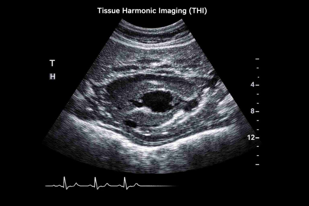 Ultrasound image demonstrating Tissue Harmonic Imaging (THI), with a focus on a clear depiction of internal structures.