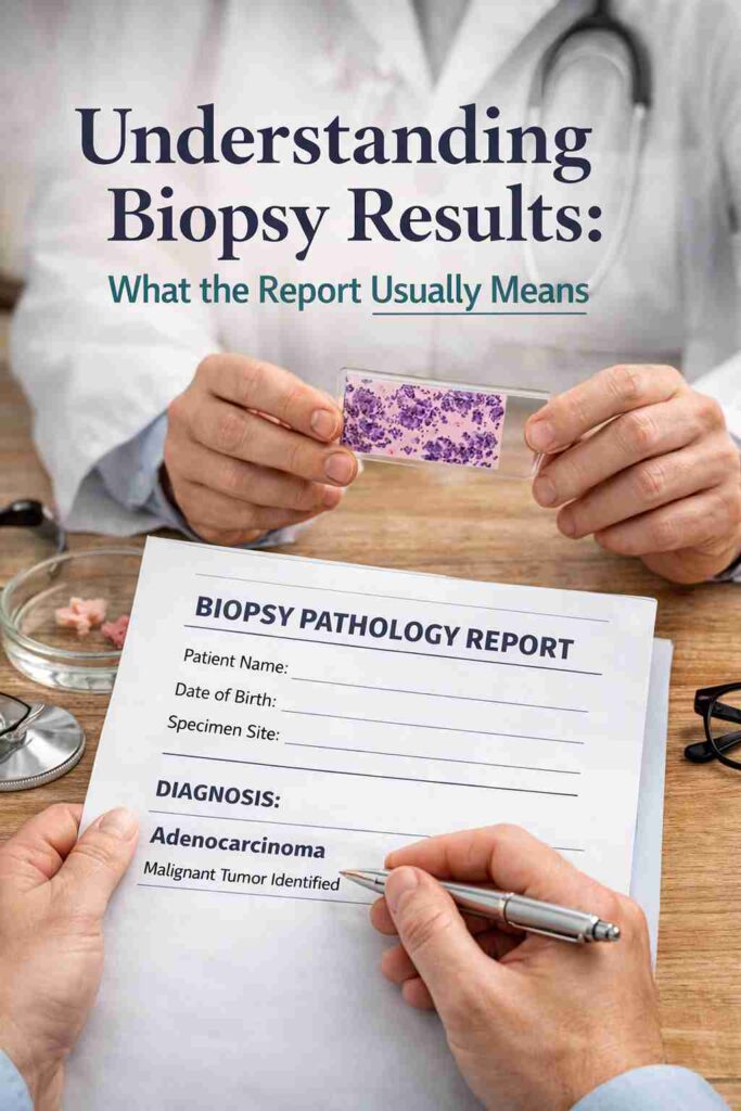 A doctor holding a biopsy slide and a pathology report with a diagnosis of adenocarcinoma.