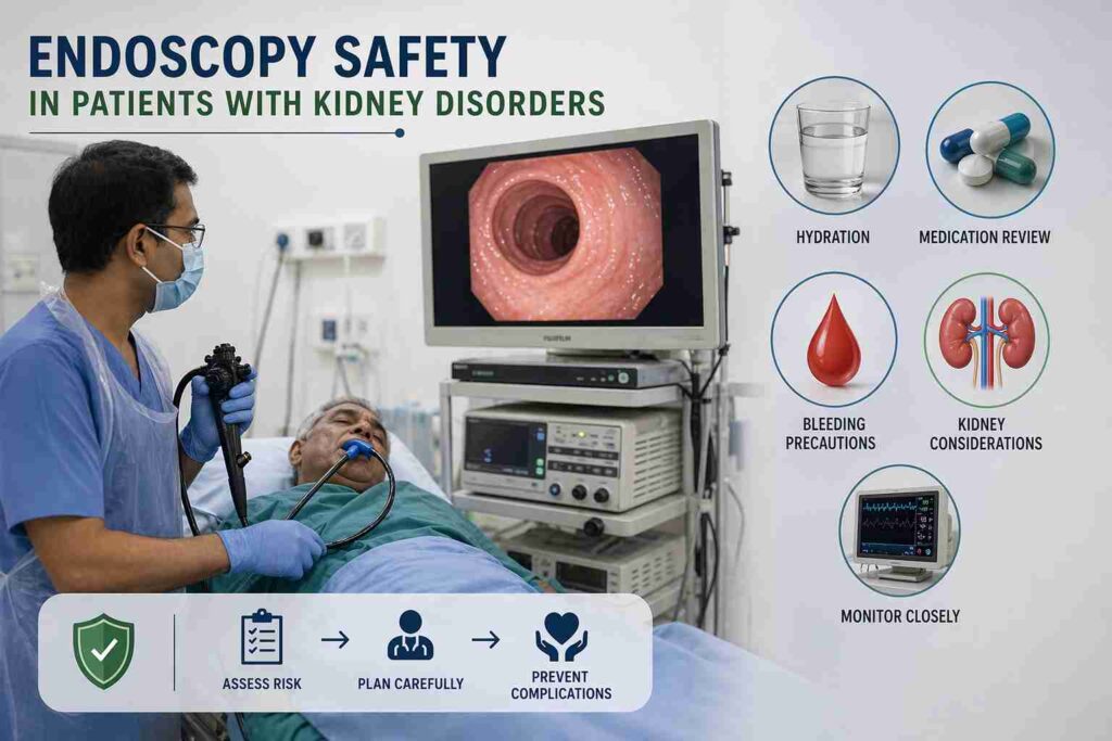 Doctor performing endoscopy on a patient with kidney disorder safety considerations including hydration, medication review, bleeding precautions, and monitoring