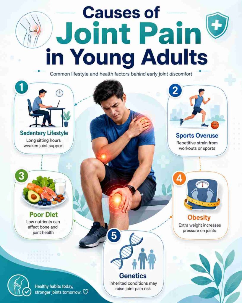 Infographic showing common causes of joint pain in young adults, including sedentary lifestyle, sports overuse, poor diet, obesity and genetics.
