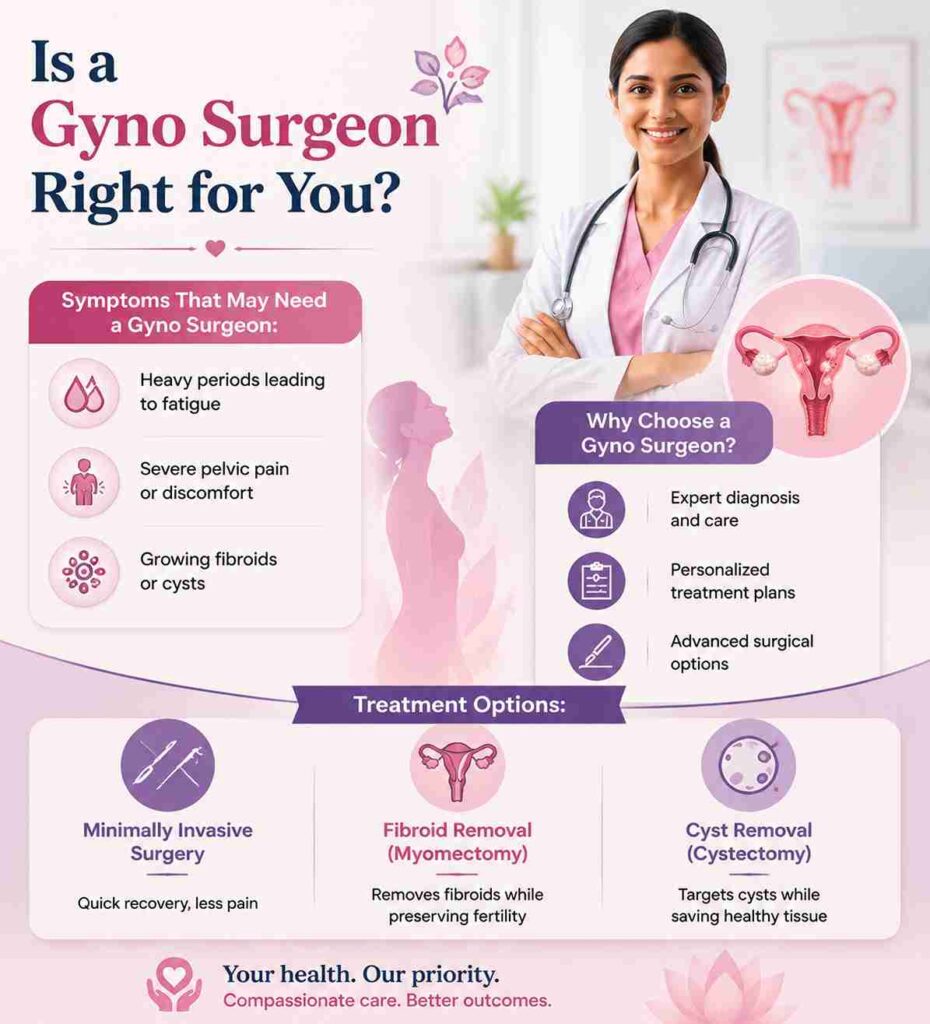 Infographic explaining signs you may need a gyno surgeon in Kolkata, including heavy periods, pelvic pain, fibroids, cysts, and laparoscopic treatment options.