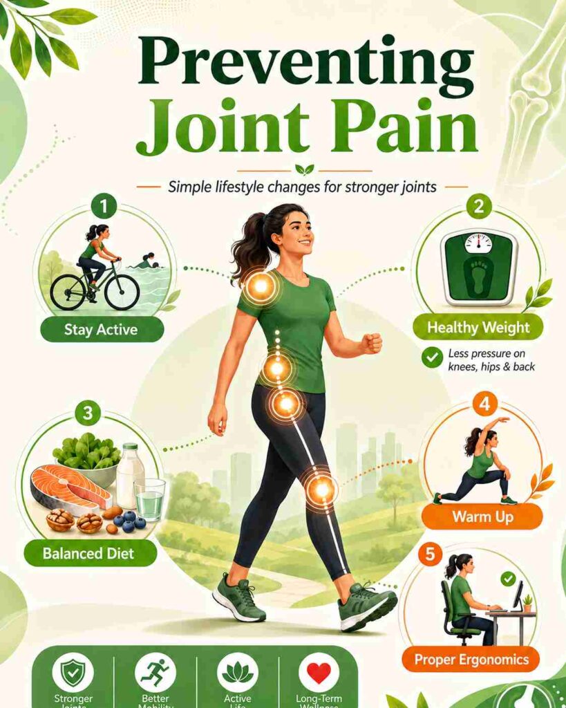 Infographic explaining how to prevent joint pain with simple lifestyle changes like staying active, maintaining healthy weight, eating a balanced diet, warming up and using proper ergonomics.