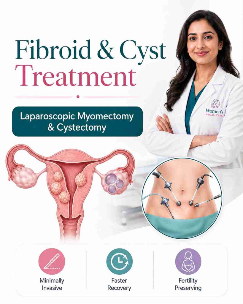 Fibroid and cyst treatment graphic showing laparoscopic myomectomy and cystectomy, minimally invasive surgery, faster recovery, and fertility-preserving care in Kolkata.