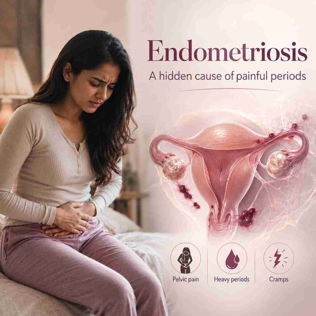 Woman with pelvic pain and endometriosis illustration showing painful periods, cramps, heavy bleeding, and gynecological symptoms.