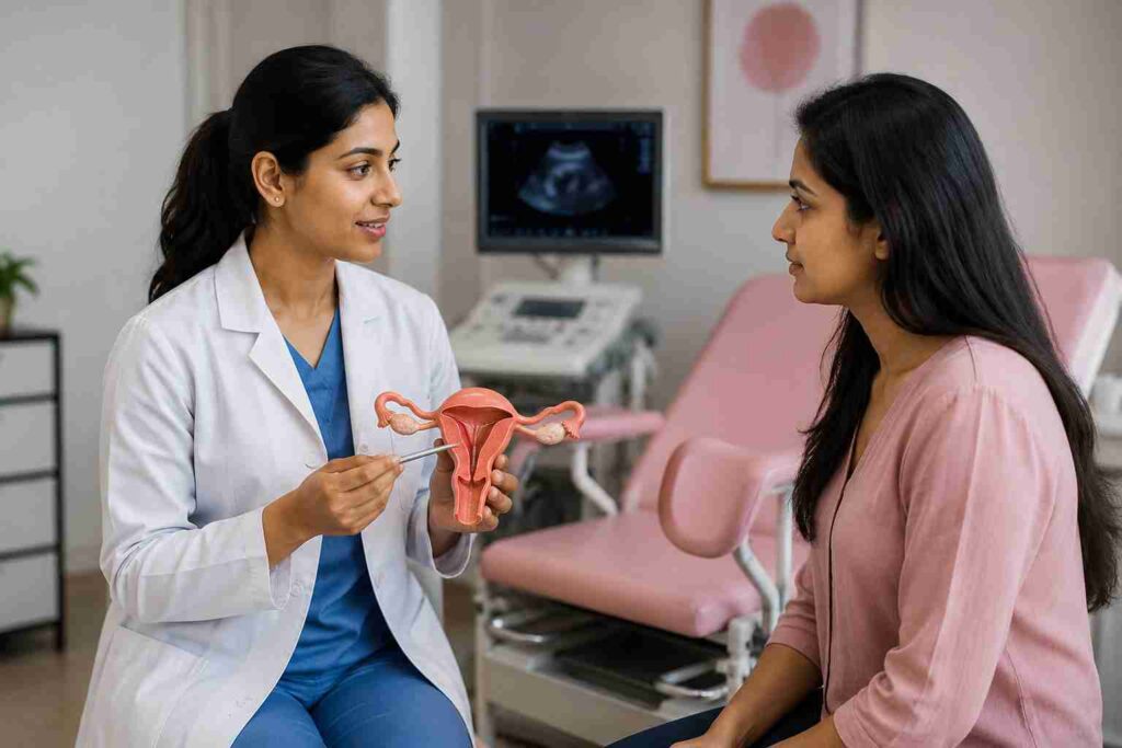 Gynaecologist discussing women's health check-up and reproductive health concerns with a patient during consultation