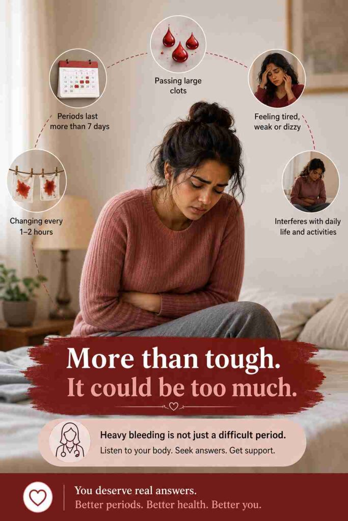 Heavy menstrual bleeding symptoms including periods over 7 days, large clots, dizziness, frequent pad changes, and daily life disruption.