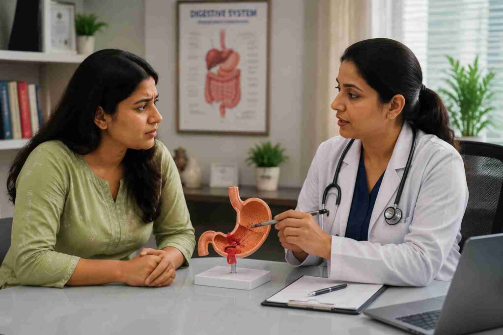 Gastroenterologist explaining IBS symptoms and digestive problems to a patient during a consultation using a stomach model