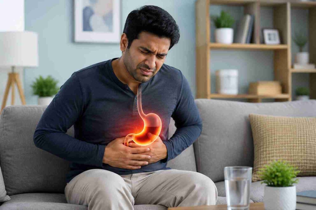 A man experiencing stomach discomfort and abdominal pain before undergoing an upper GI endoscopy evaluation for digestive problems