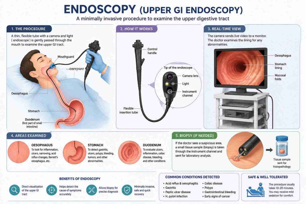 Medical illustration showing an upper GI endoscopy procedure used to examine the oesophagus, stomach and duodenum for gastrointestinal conditions