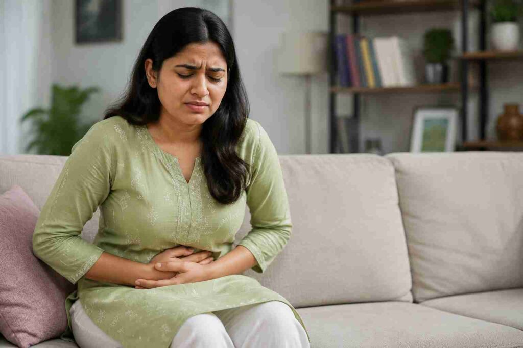 Woman experiencing abdominal pain and bloating due to digestive discomfort while sitting at home