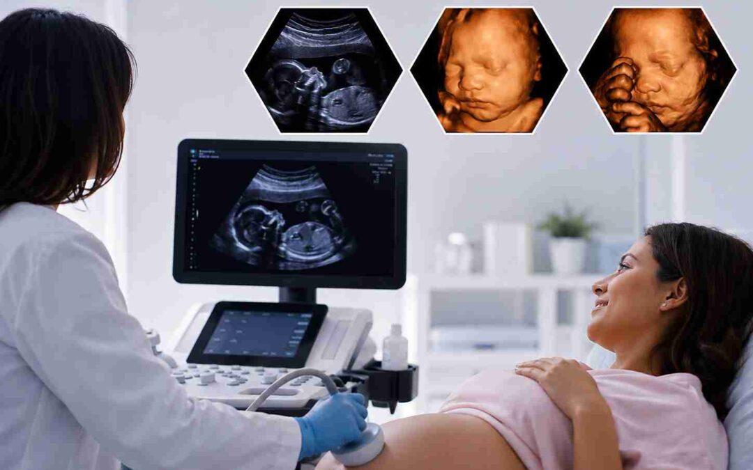 Comparison of 2D, 3D and 4D ultrasound images showing different imaging techniques used during pregnancy for viewing fetal development.
