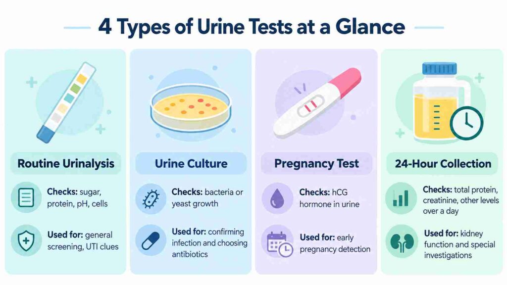 A healthcare infographic comparing four common types of urine tests: routine urinalysis, urine culture, pregnancy test, and 24-hour urine collection. Each section includes a medical icon and explains what the test checks, including sugar, protein, pH, bacteria, hCG hormone, creatinine, and kidney function markers, presented in a clean flat vector style.
