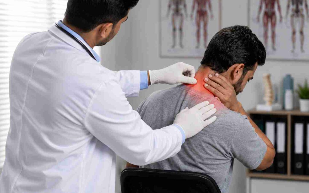Orthopaedic doctor examining a patient with neck and shoulder pain during a clinical evaluation for posture-related discomfort and possible nerve or joint problems