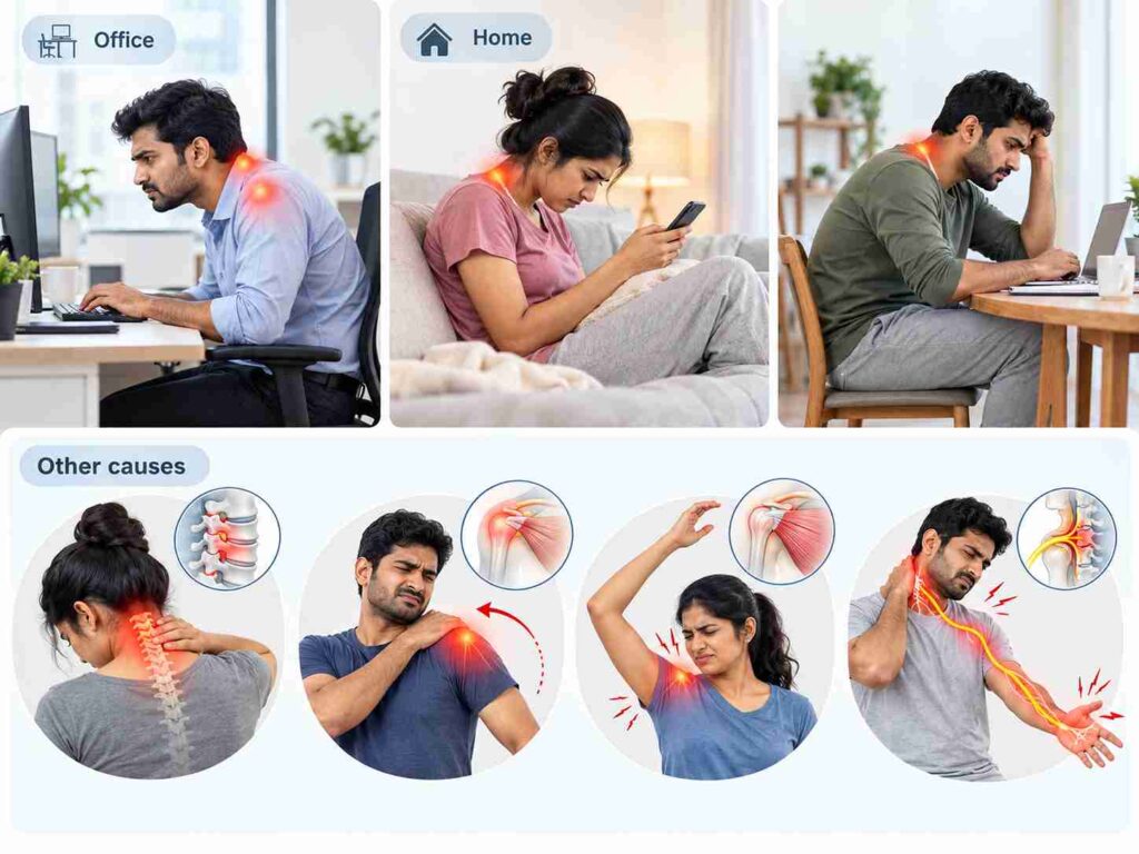 Illustration showing poor posture positions causing neck and shoulder pain during office work, phone use, laptop use and different musculoskeletal conditions