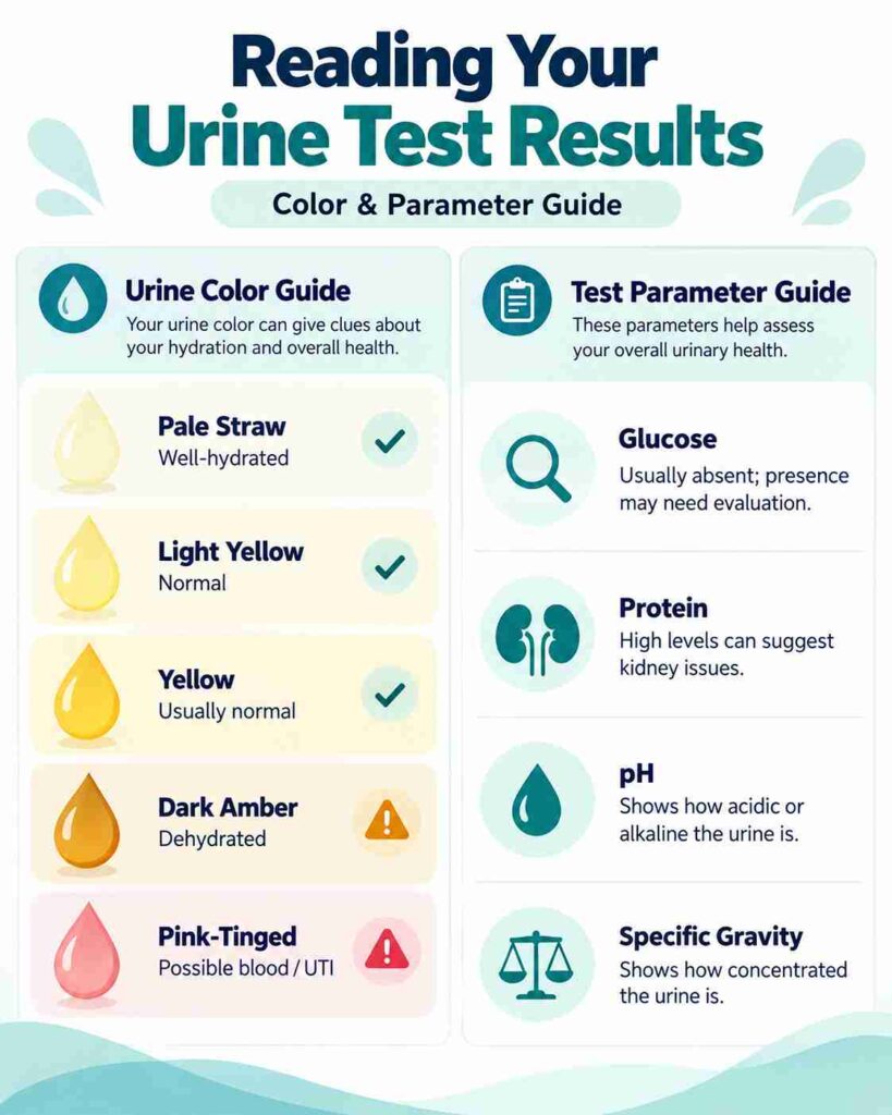 A medical infographic explaining urine test results with a urine colour guide and key urine parameters. The image shows different urine shades from pale straw yellow to dark amber and pink-tinged, with explanations related to hydration and possible health concerns. It also highlights important urine test parameters such as glucose, protein, pH, and specific gravity using simple healthcare icons in a clean clinical design.