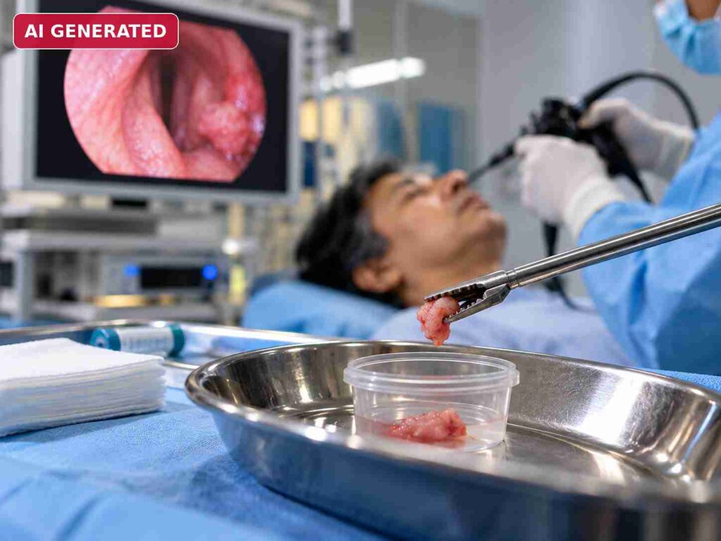 Medical illustration of a throat biopsy showing tissue collected with forceps and placed in a specimen container for laboratory examination.