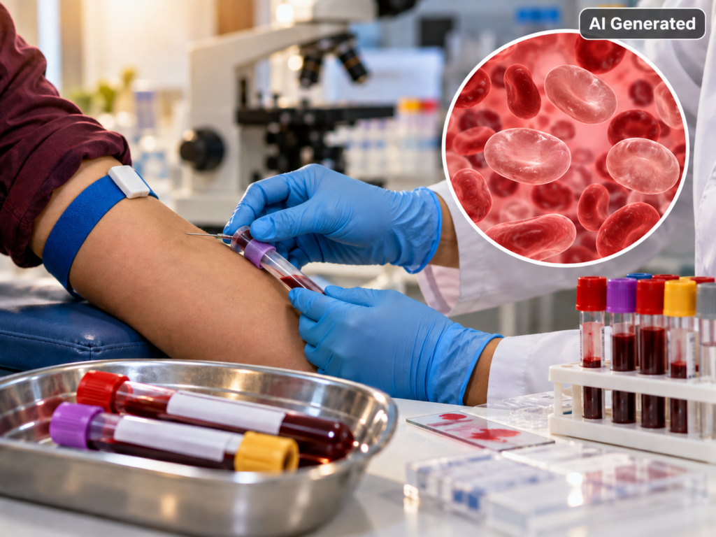 AI-generated image of a healthcare professional drawing blood from a patient's arm, with magnified red blood cells illustrating laboratory testing for low haemoglobin and iron deficiency.
