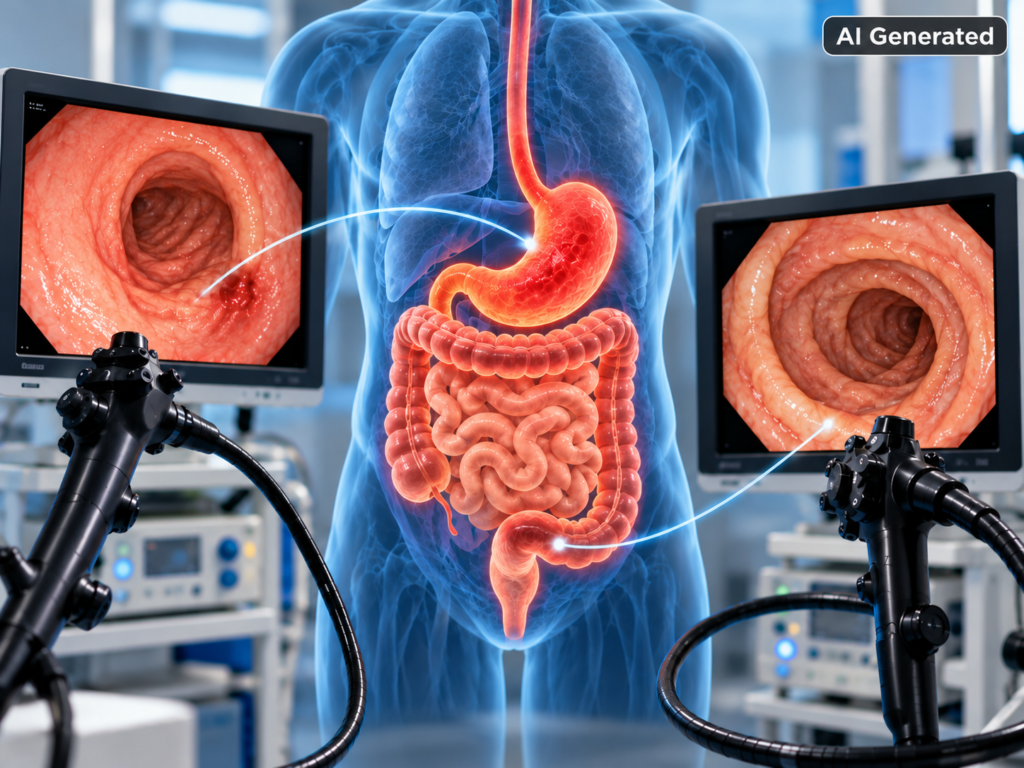 AI-generated medical visualisation of the digestive system with two endoscopy monitors and examination instruments, illustrating upper GI endoscopy and colonoscopy used to investigate digestive tract abnormalities.